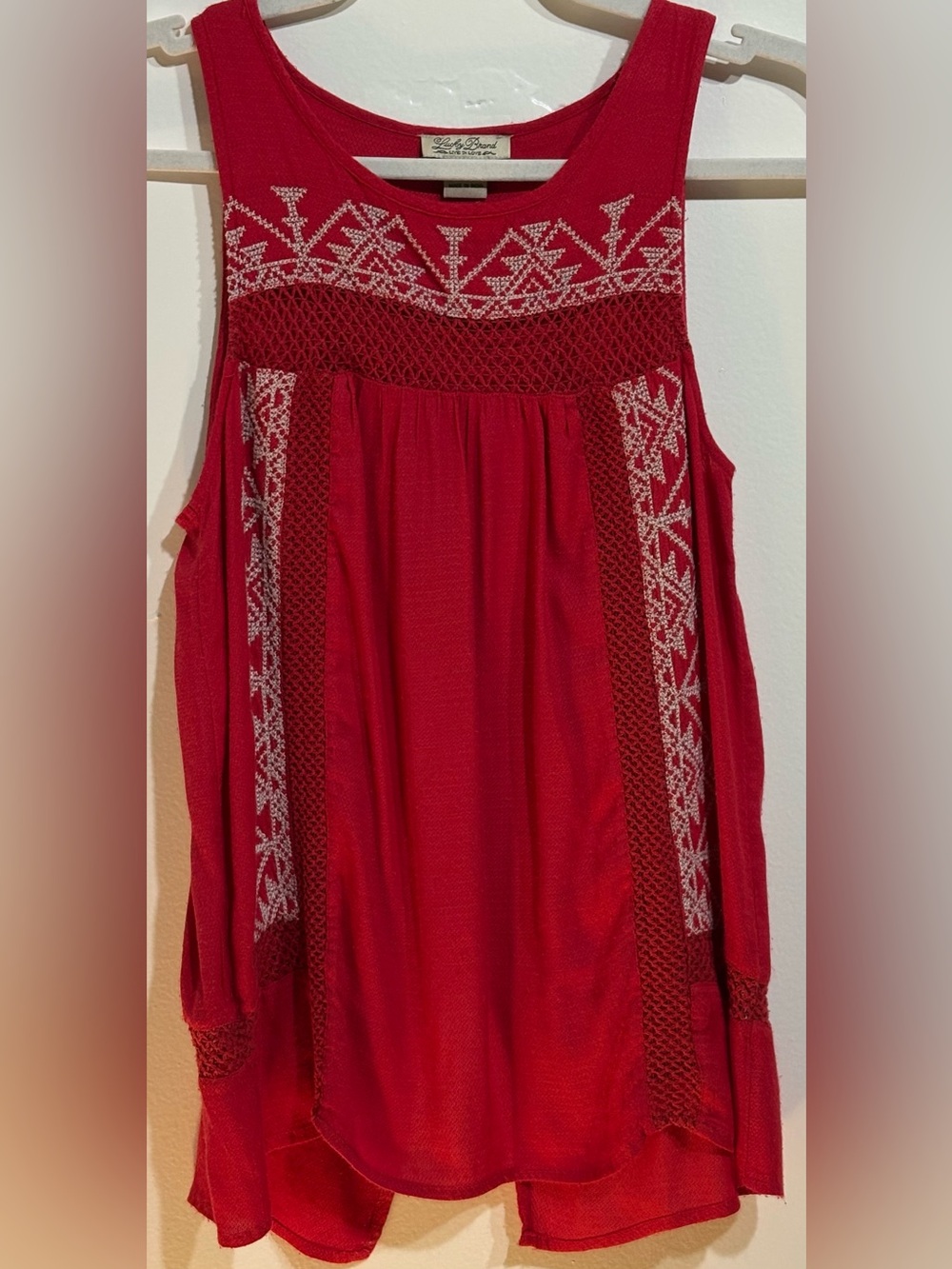 Lucky Brand XS Red Embroidered Boho Split Back Tank Top
